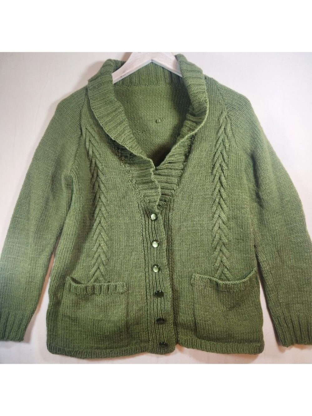 Handmade Olive Green Cable Knit Shawl Collar Cardigan Sweater with Pockets